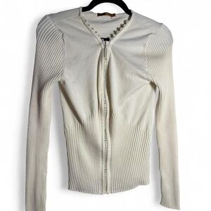 Cream & white zip-up sweater size medium M with rhinestone studded zipper
